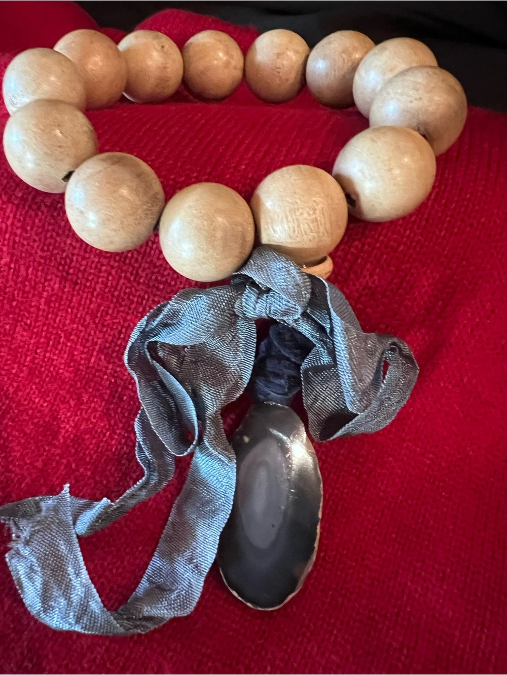 Handmade Wooden Bead Bracelet with Gray Agate Pendant and Ribbon